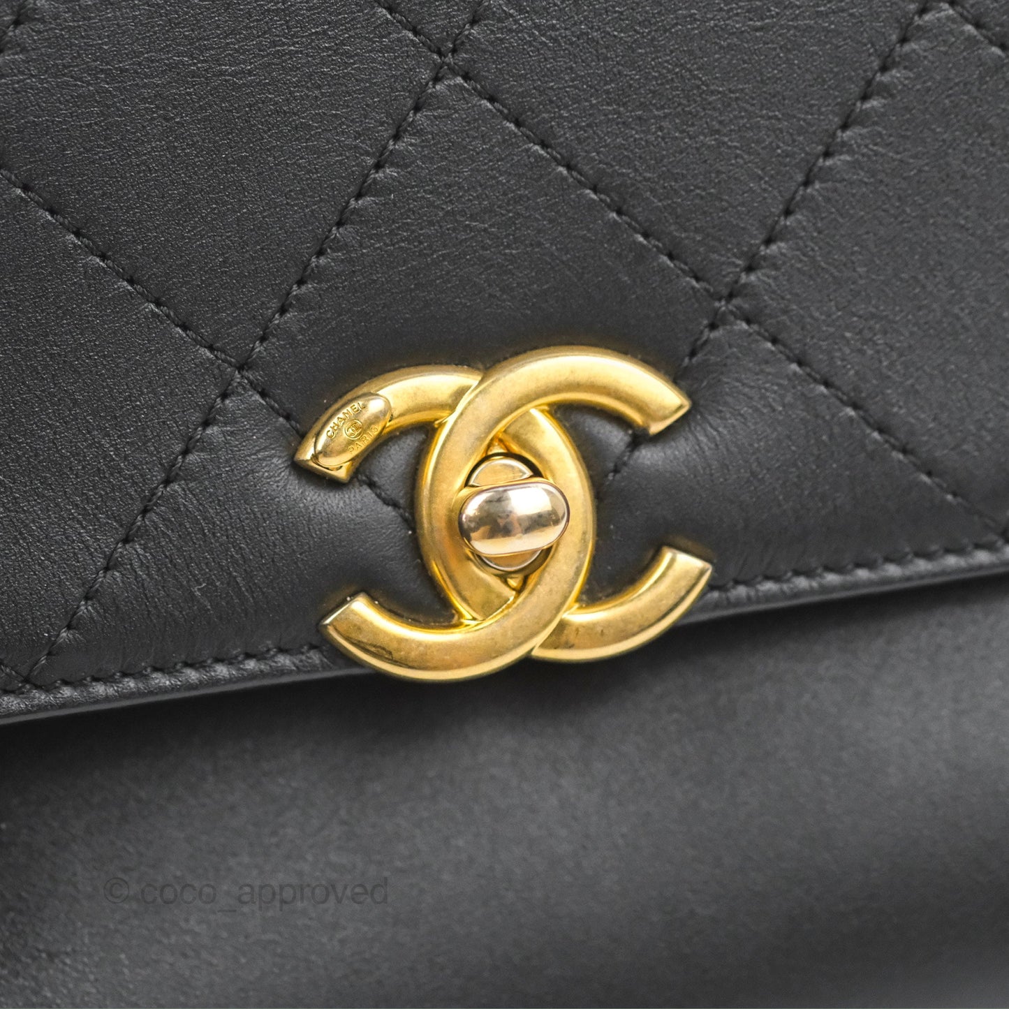 Chanel Chain Handle Flap Bag Black Calfskin Aged Gold Hardware
