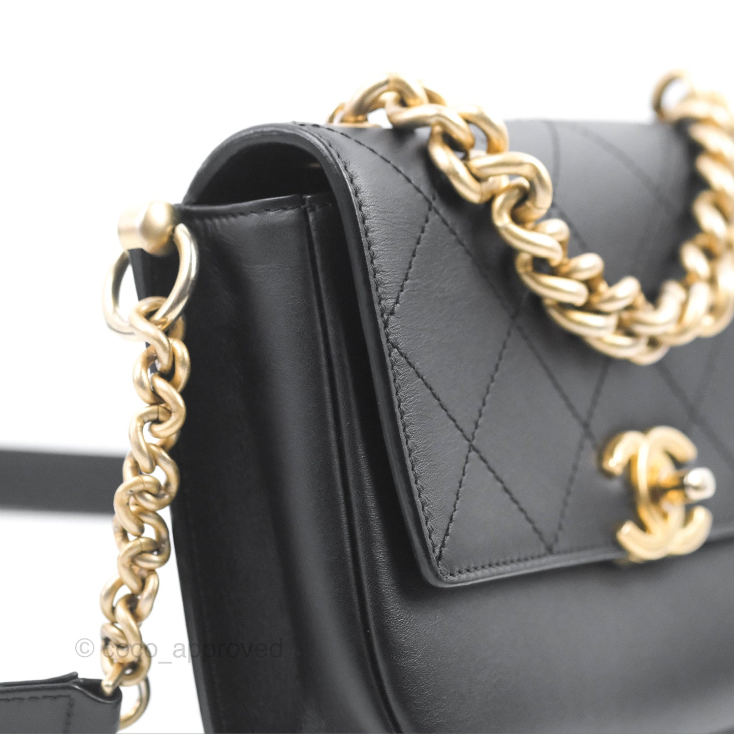 Chanel Chain Handle Flap Bag Black Calfskin Aged Gold Hardware