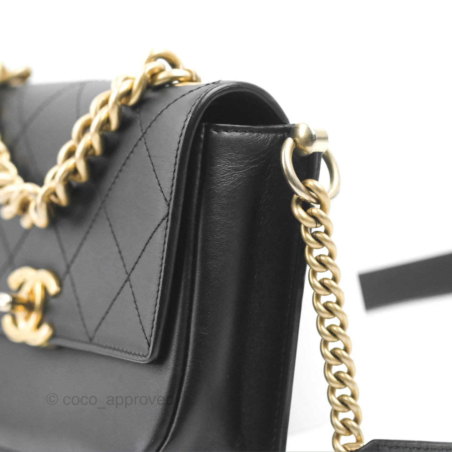 Chanel Chain Handle Flap Bag Black Calfskin Aged Gold Hardware
