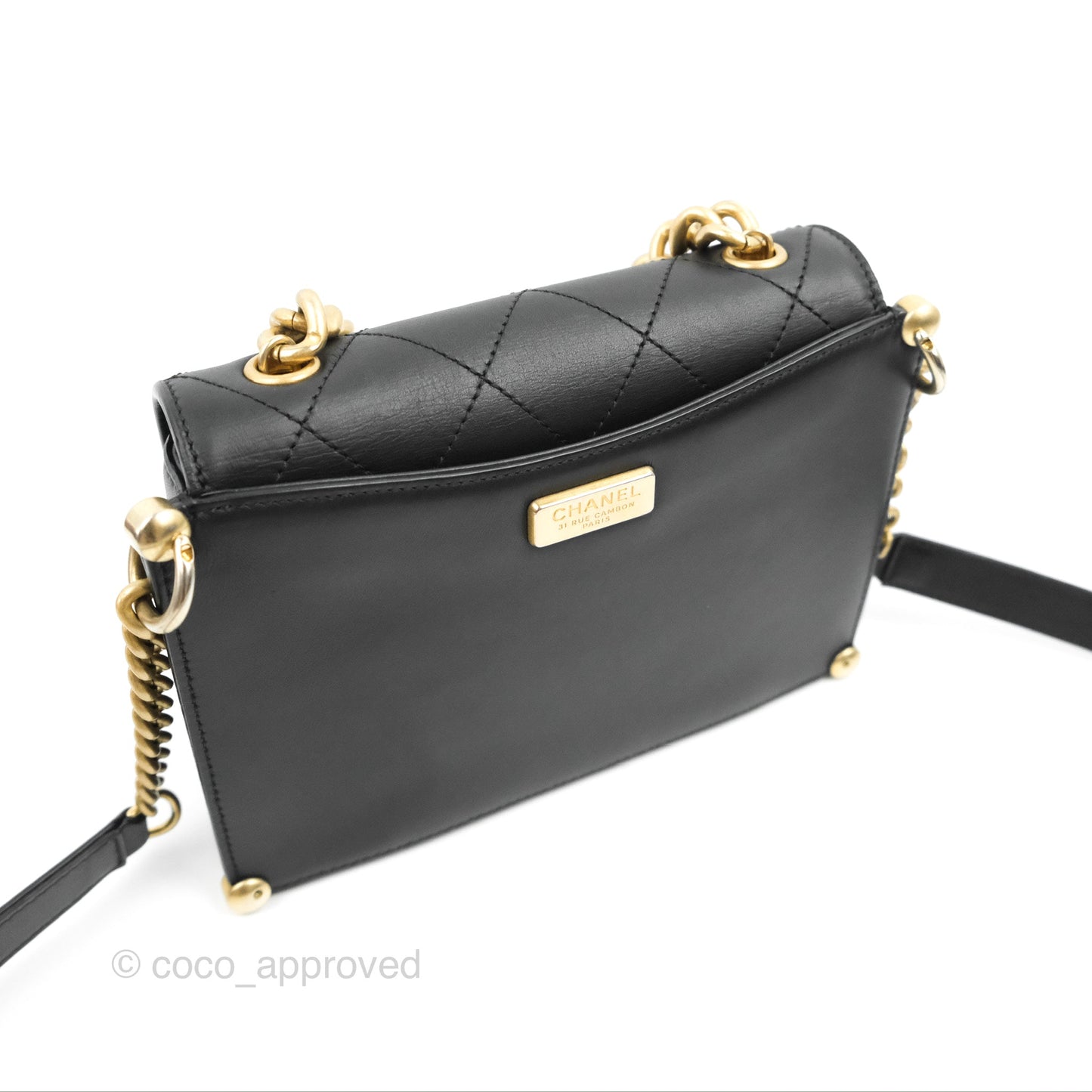 Chanel Chain Handle Flap Bag Black Calfskin Aged Gold Hardware