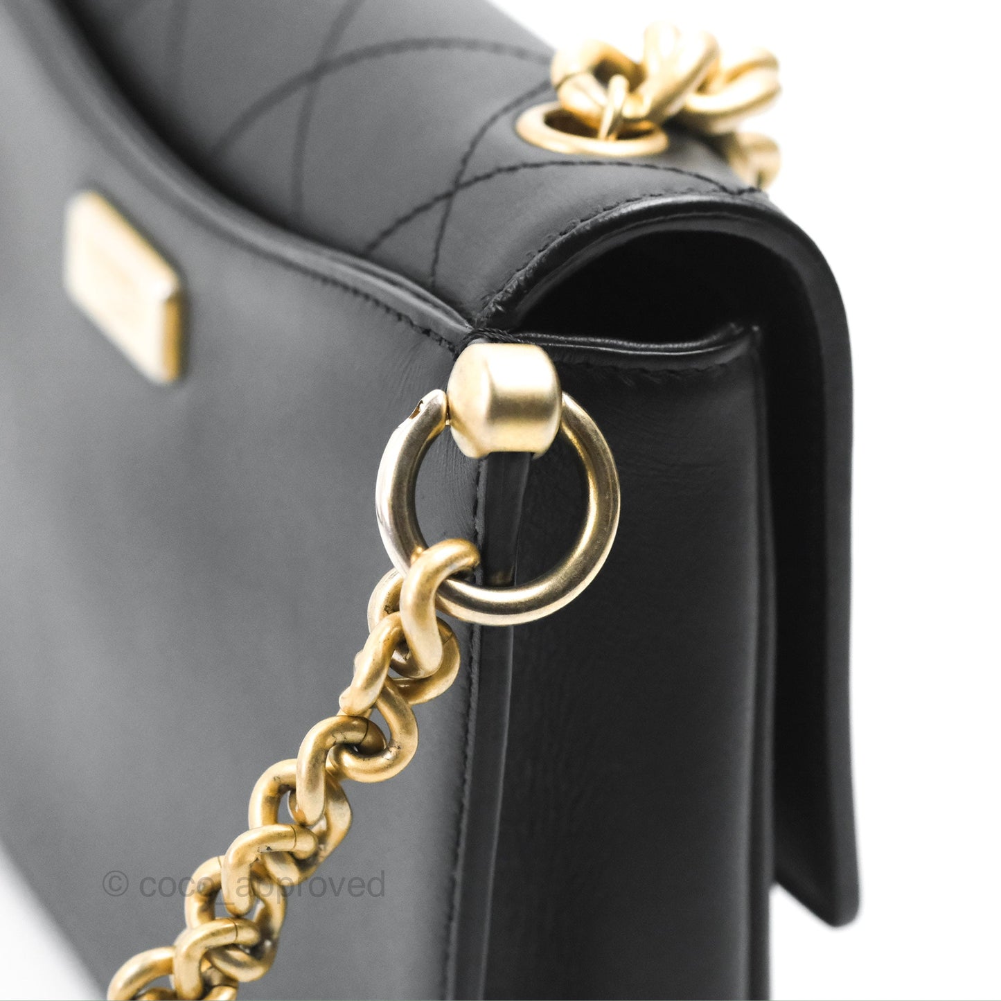 Chanel Chain Handle Flap Bag Black Calfskin Aged Gold Hardware