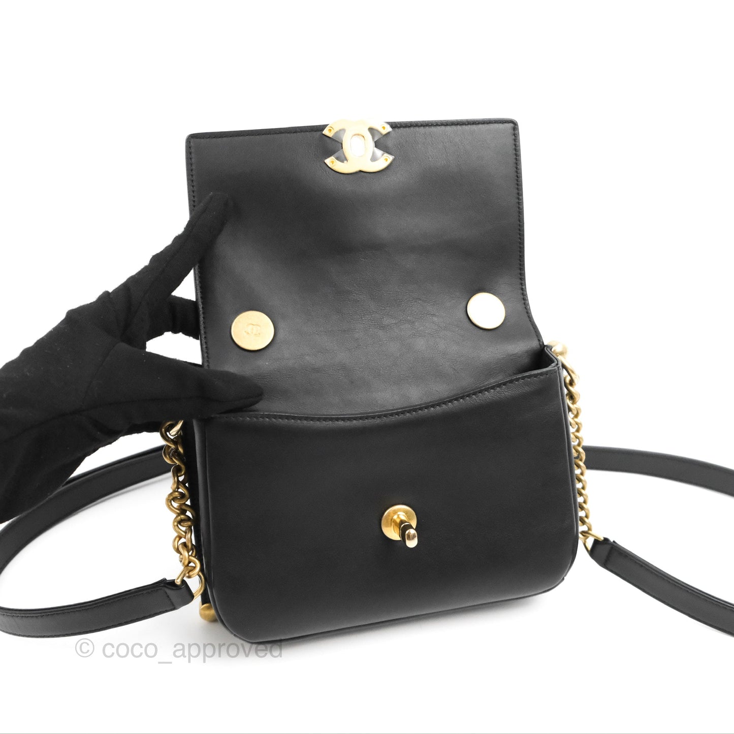 Chanel Chain Handle Flap Bag Black Calfskin Aged Gold Hardware