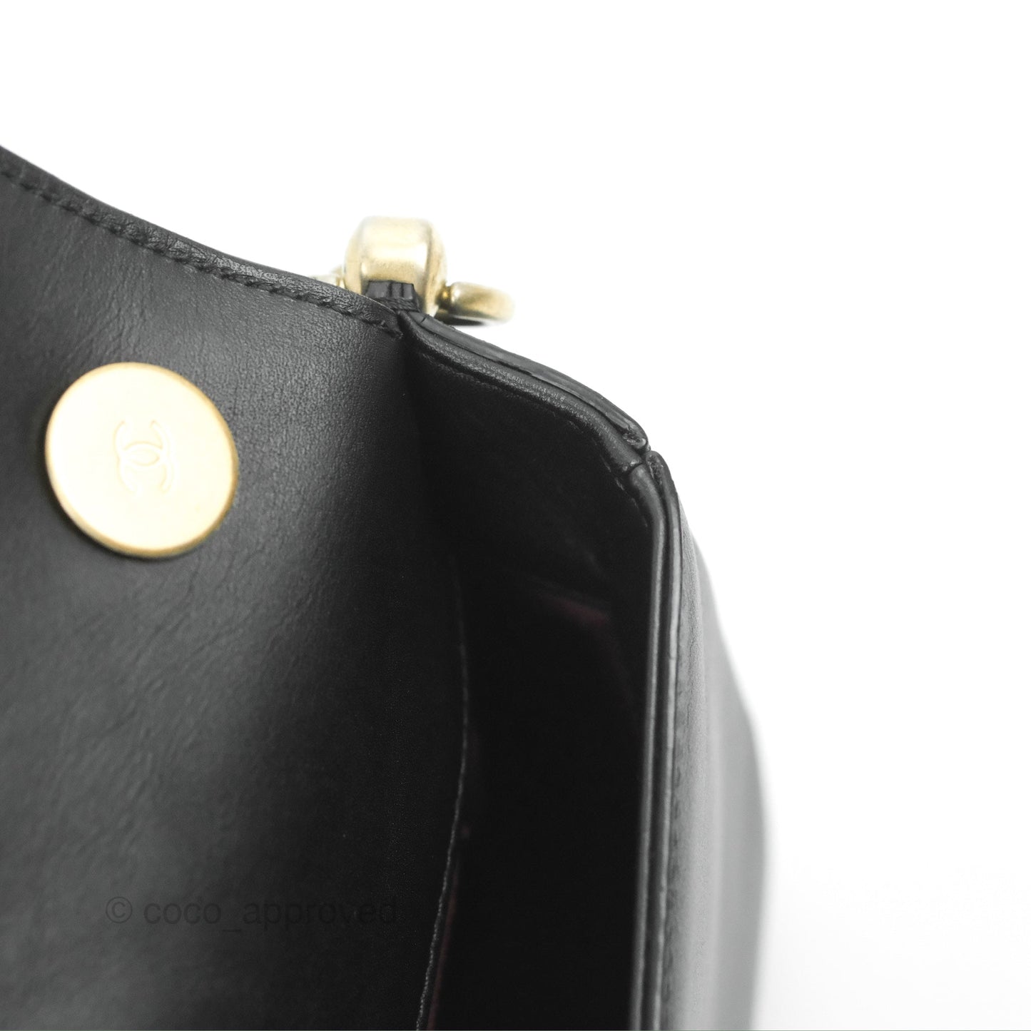 Chanel Chain Handle Flap Bag Black Calfskin Aged Gold Hardware