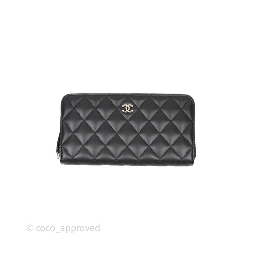 Chanel Classic Zipped Long Wallet Black Lambskin Silver Hardware