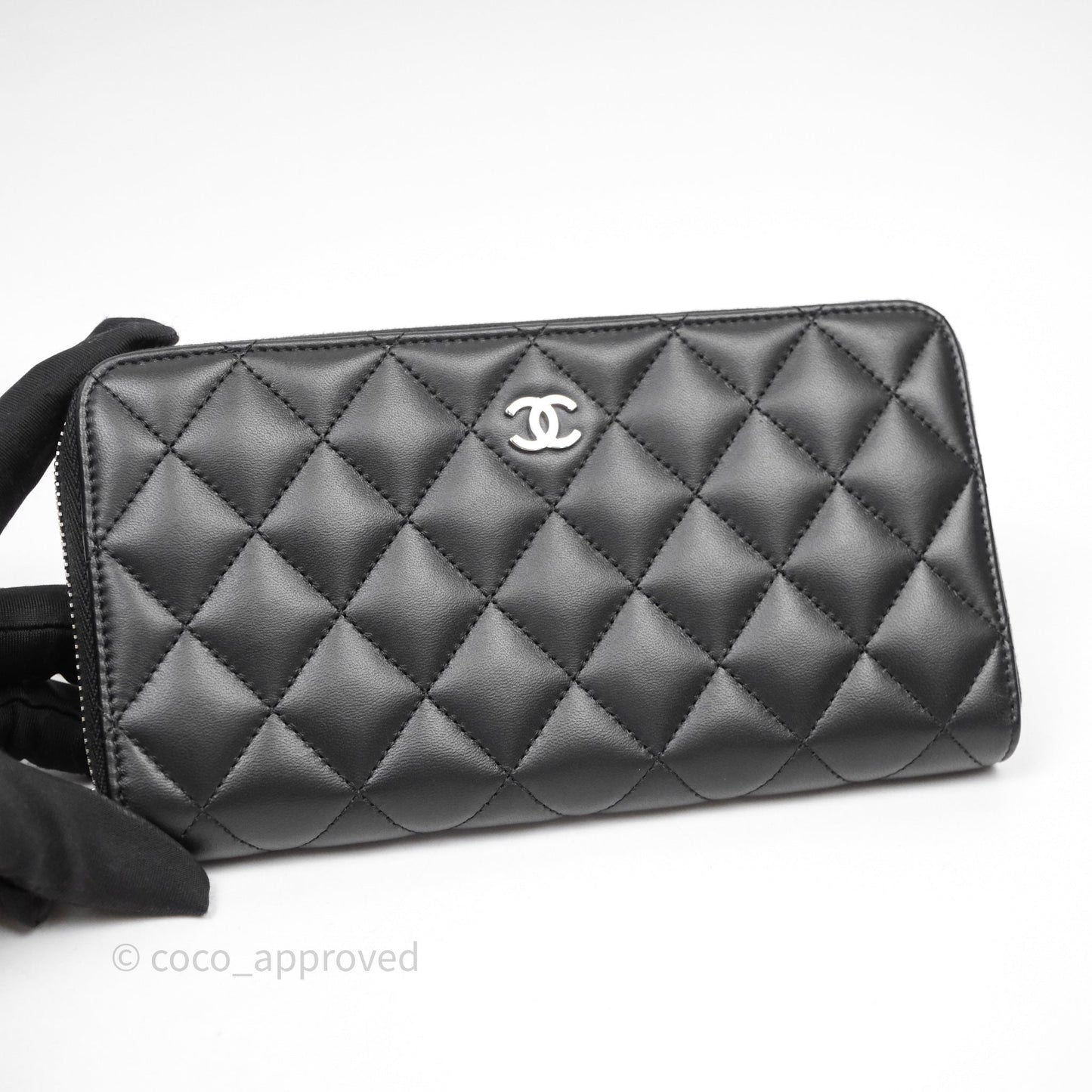 Chanel Classic Zipped Long Wallet Black Lambskin Silver Hardware