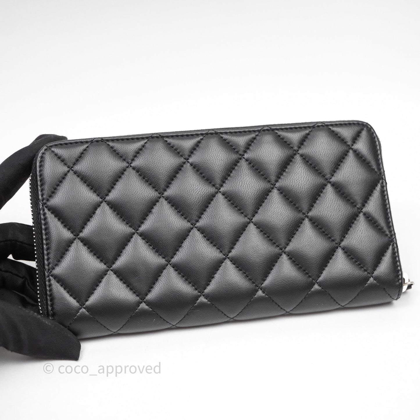 Chanel Classic Zipped Long Wallet Black Lambskin Silver Hardware