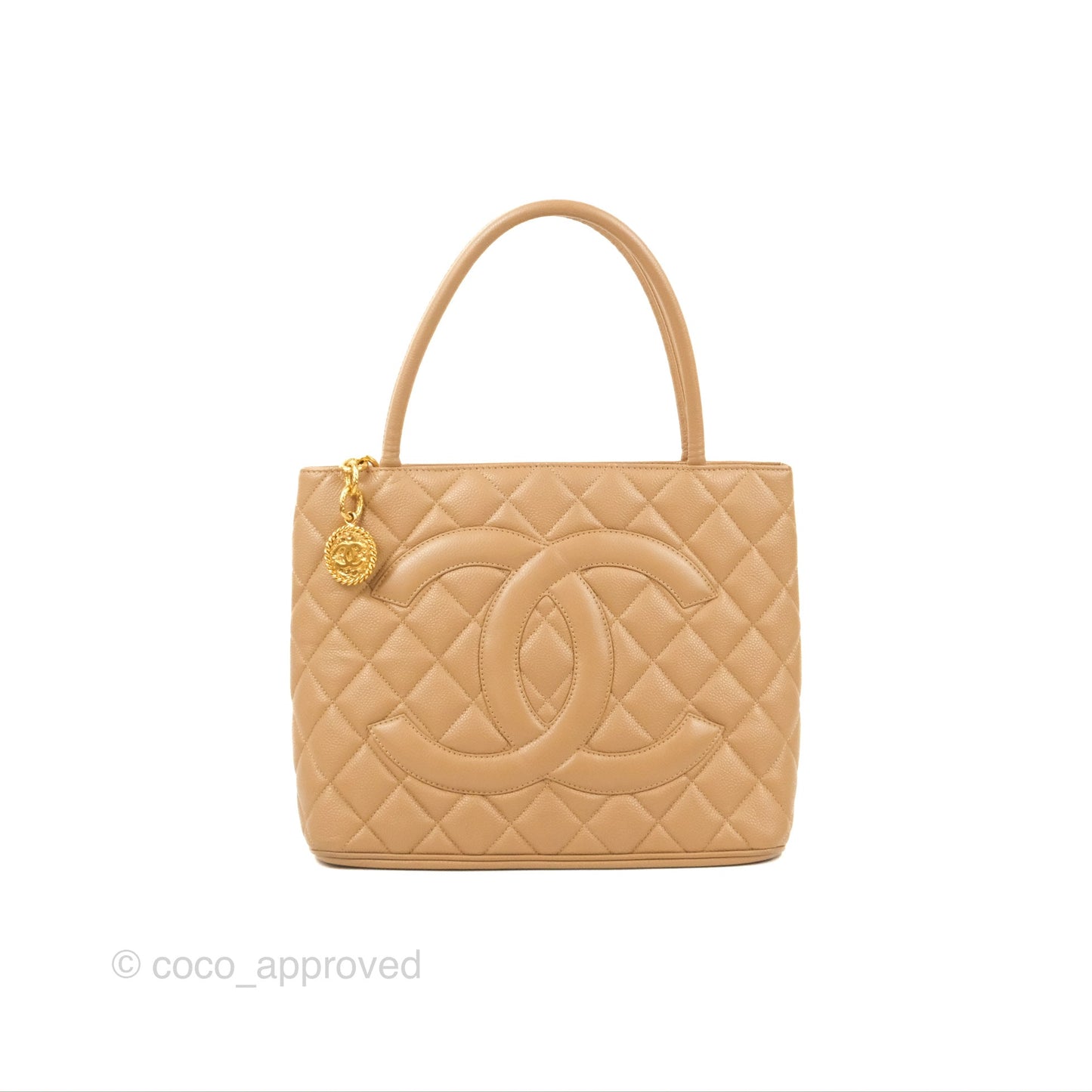 Chanel Vintage Medallion CC Beige Caviar Tote Bag Gold Hardware