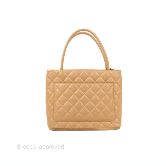 Chanel Vintage Medallion CC Beige Caviar Tote Bag Gold Hardware