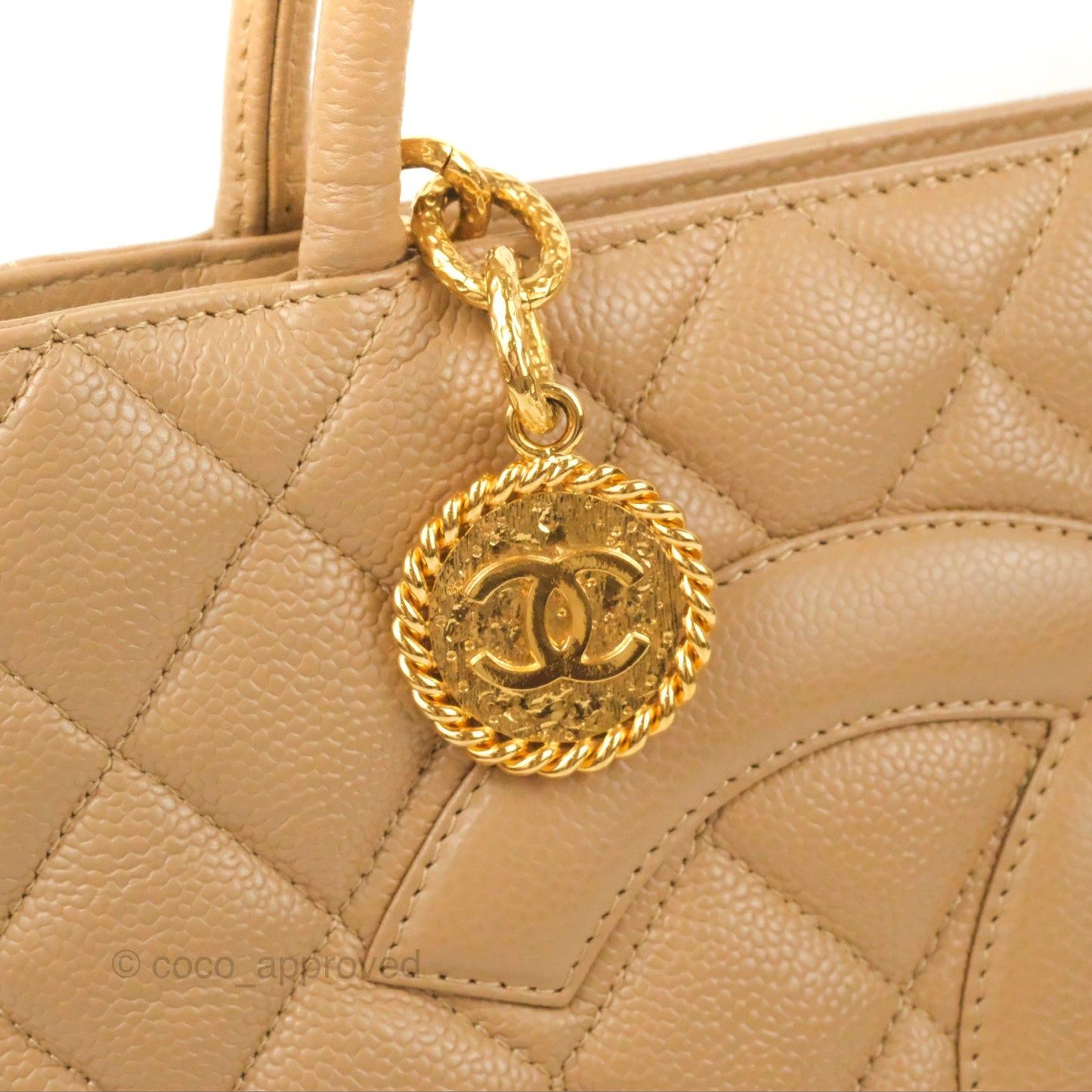 Chanel Vintage Medallion CC Beige Caviar Tote Bag Gold Hardware