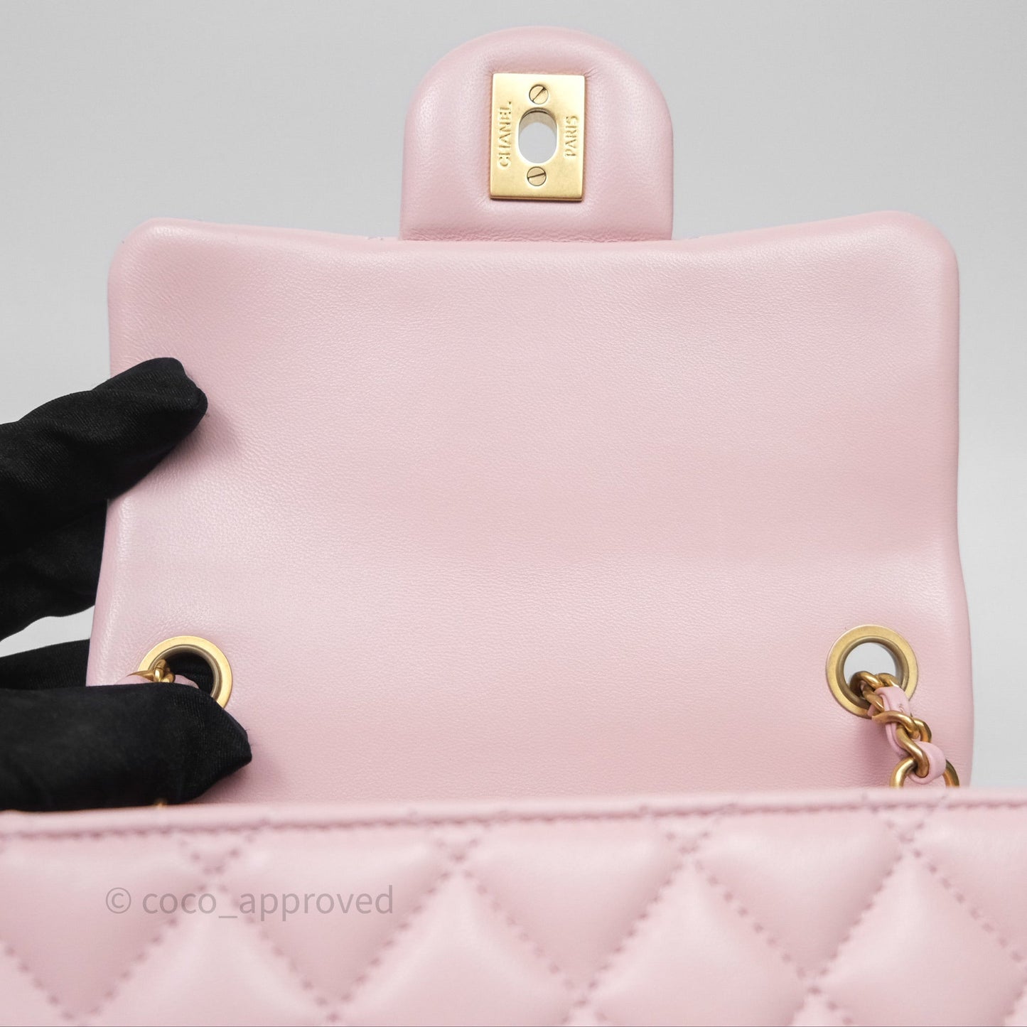 Chanel Pearl Crush Mini Square Quilted Dusty Pink Lambskin Aged Gold Hardware