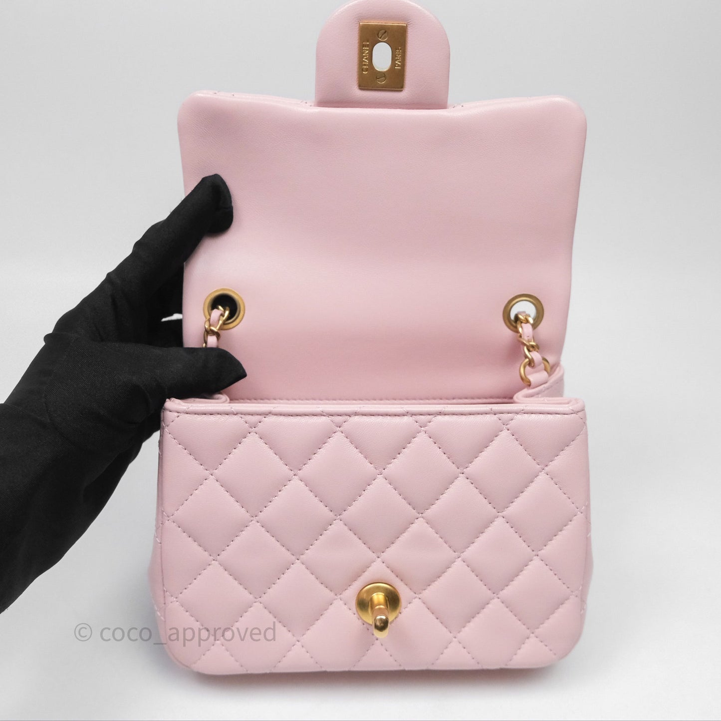 Chanel Pearl Crush Mini Square Quilted Dusty Pink Lambskin Aged Gold Hardware