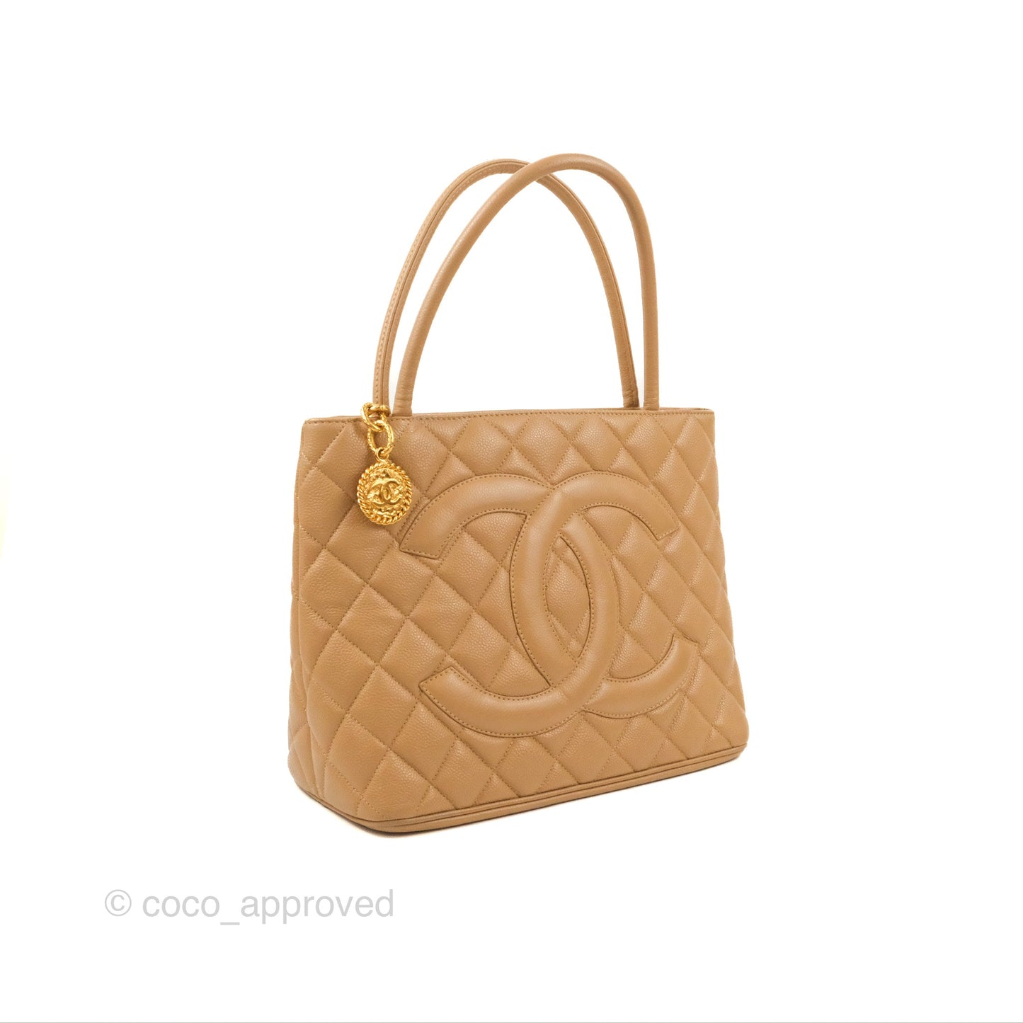 Chanel Vintage Medallion CC Beige Caviar Tote Bag Gold Hardware