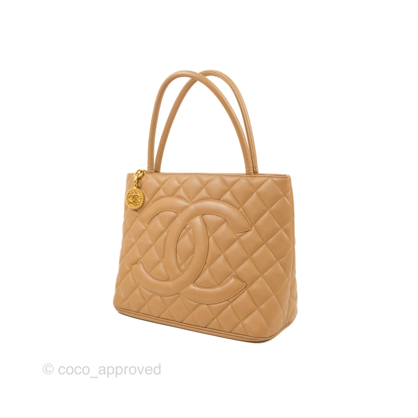 Chanel Vintage Medallion CC Beige Caviar Tote Bag Gold Hardware
