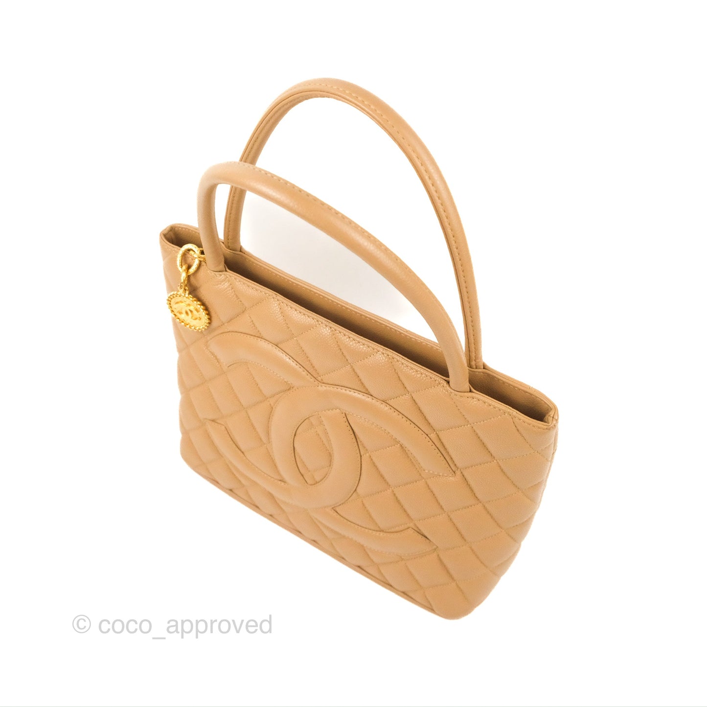 Chanel Vintage Medallion CC Beige Caviar Tote Bag Gold Hardware