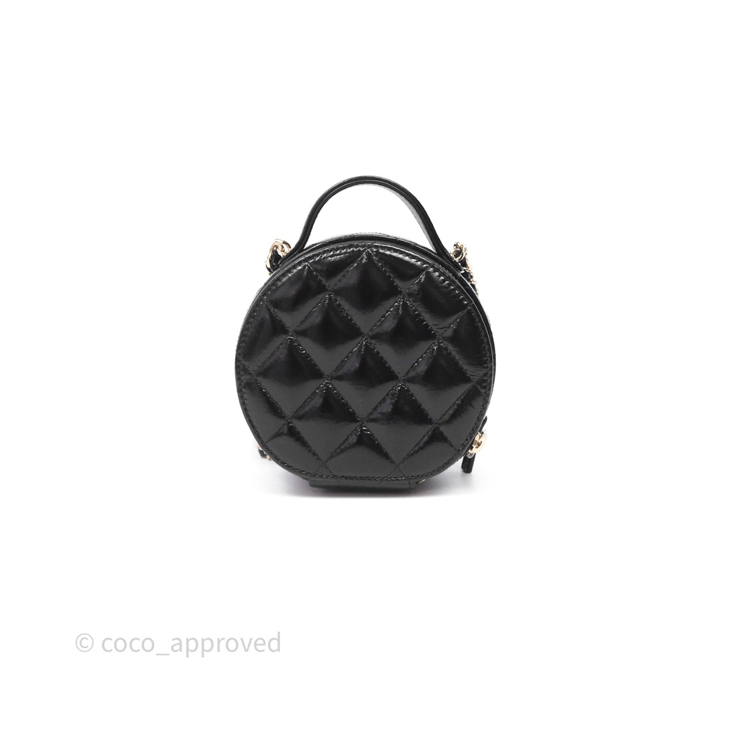 Chanel Mini Round Vanity Bag Handle With Care Black Glazed Lambskin Gold Hardware