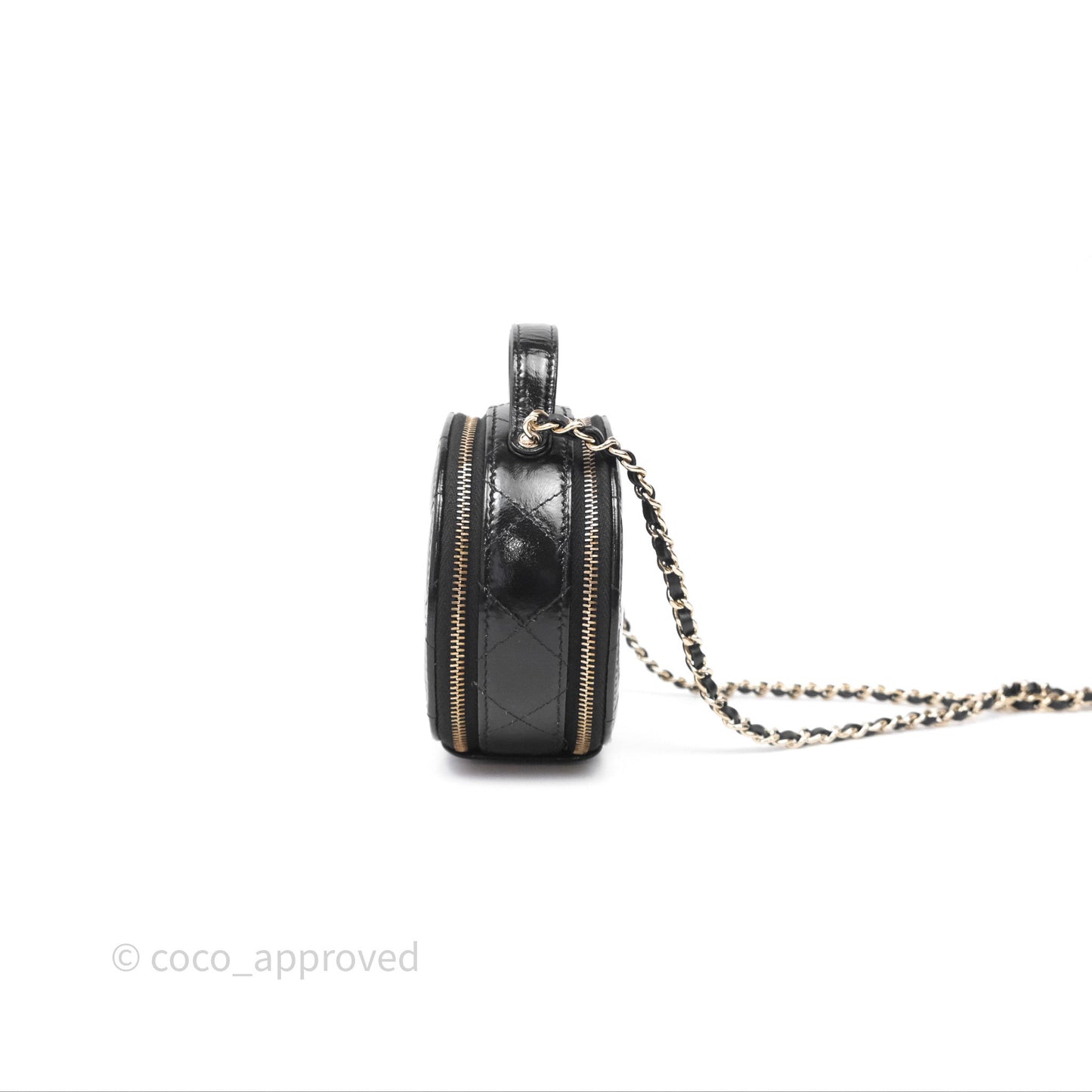 Chanel Mini Round Vanity Bag Handle With Care Black Glazed Lambskin Gold Hardware