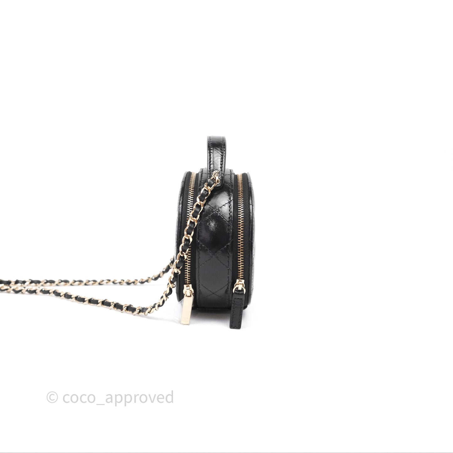 Chanel Mini Round Vanity Bag Handle With Care Black Glazed Lambskin Gold Hardware