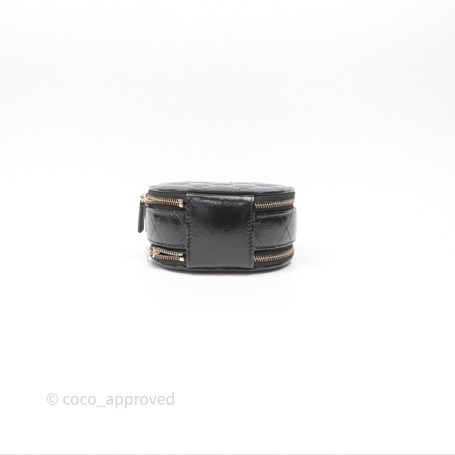 Chanel Mini Round Vanity Bag Handle With Care Black Glazed Lambskin Gold Hardware