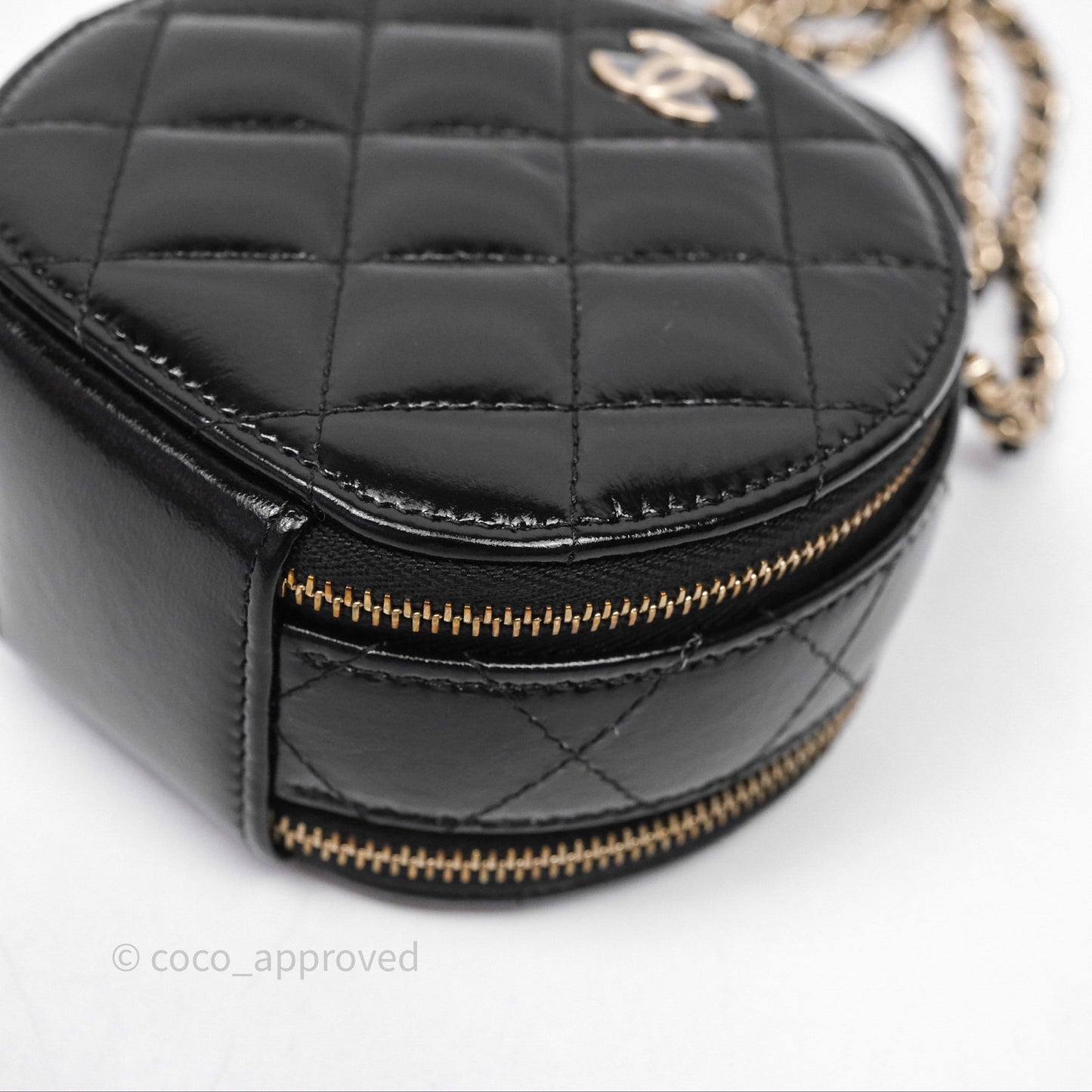 Chanel Mini Round Vanity Bag Handle With Care Black Glazed Lambskin Gold Hardware