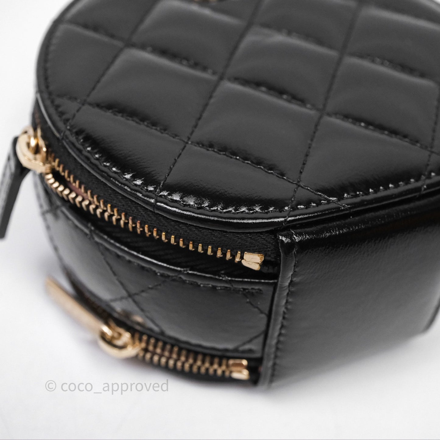 Chanel Mini Round Vanity Bag Handle With Care Black Glazed Lambskin Gold Hardware