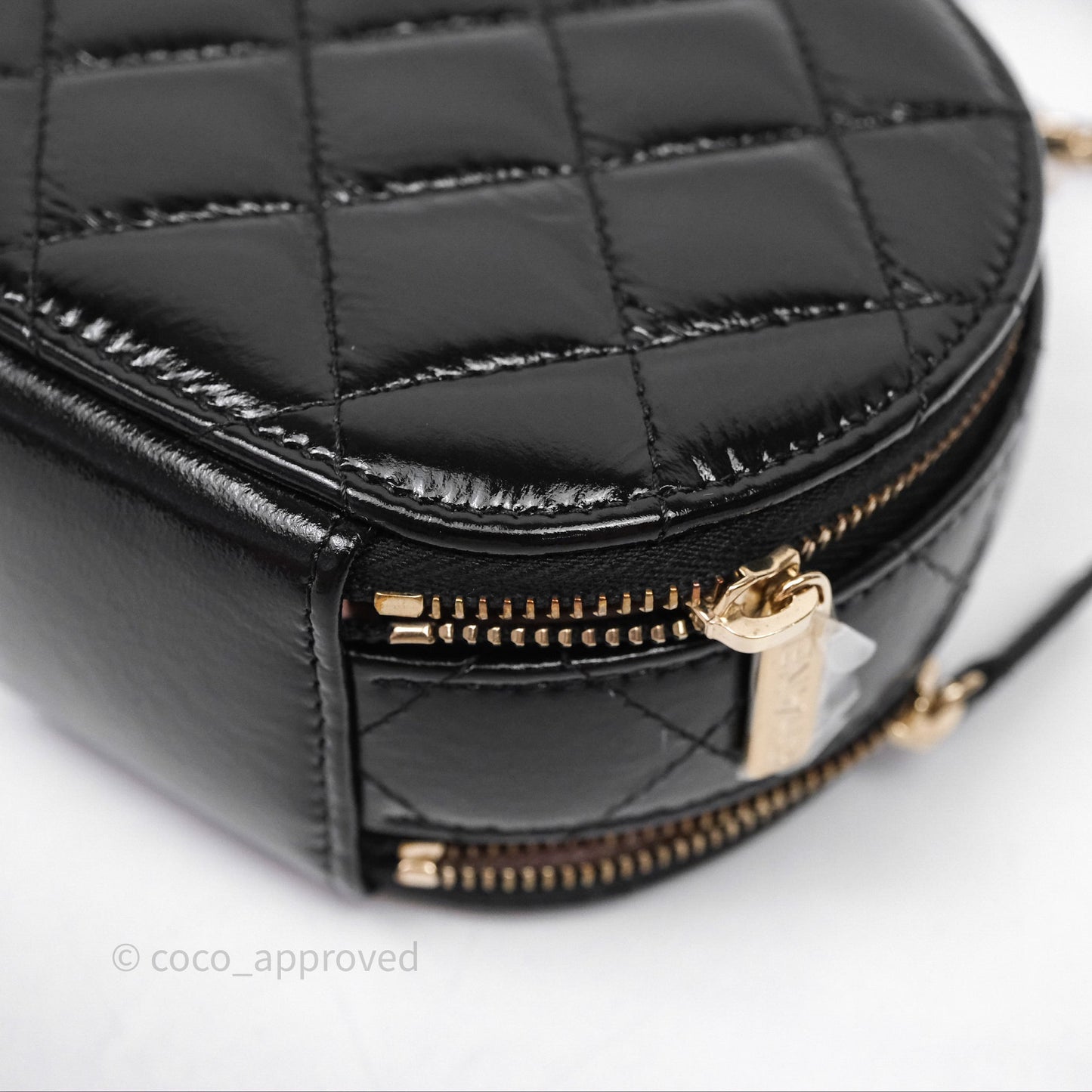 Chanel Mini Round Vanity Bag Handle With Care Black Glazed Lambskin Gold Hardware