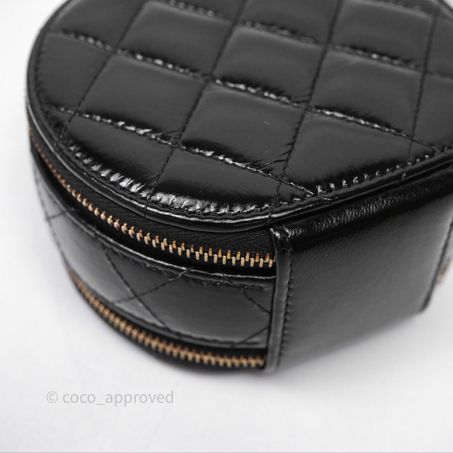 Chanel Mini Round Vanity Bag Handle With Care Black Glazed Lambskin Gold Hardware
