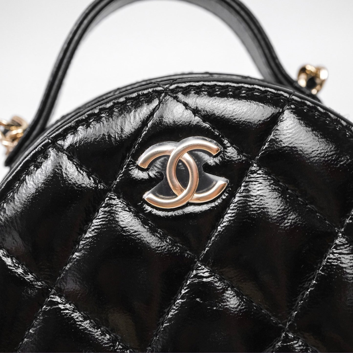 Chanel Mini Round Vanity Bag Handle With Care Black Glazed Lambskin Gold Hardware