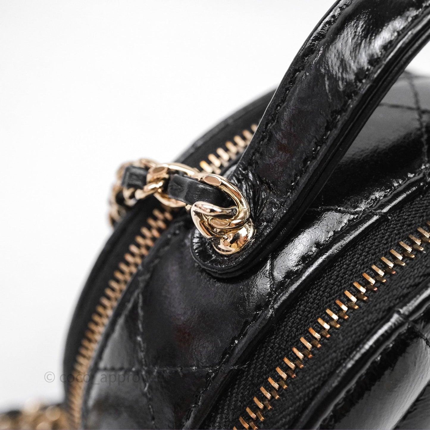 Chanel Mini Round Vanity Bag Handle With Care Black Glazed Lambskin Gold Hardware