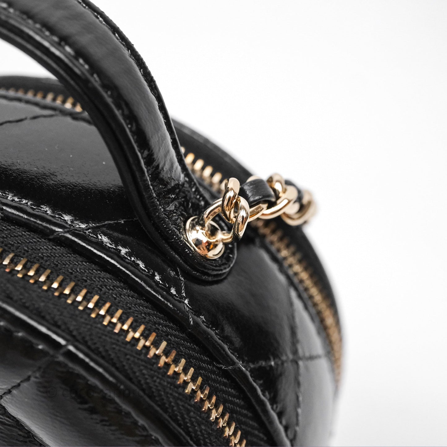 Chanel Mini Round Vanity Bag Handle With Care Black Glazed Lambskin Gold Hardware