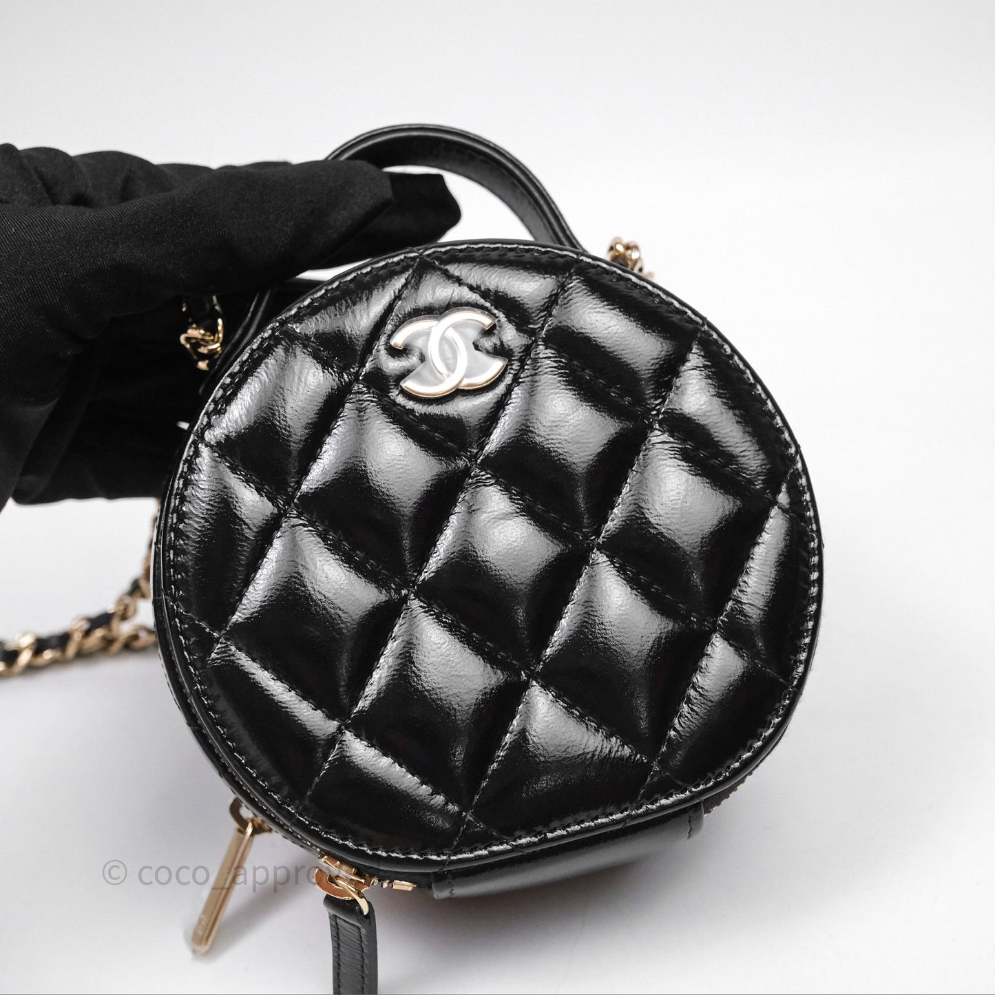 Chanel Mini Round Vanity Bag Handle With Care Black Glazed Lambskin Gold Hardware