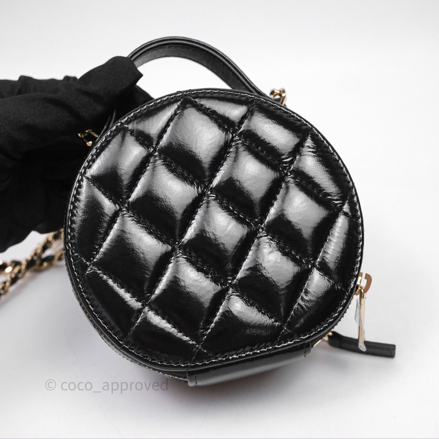 Chanel Mini Round Vanity Bag Handle With Care Black Glazed Lambskin Gold Hardware