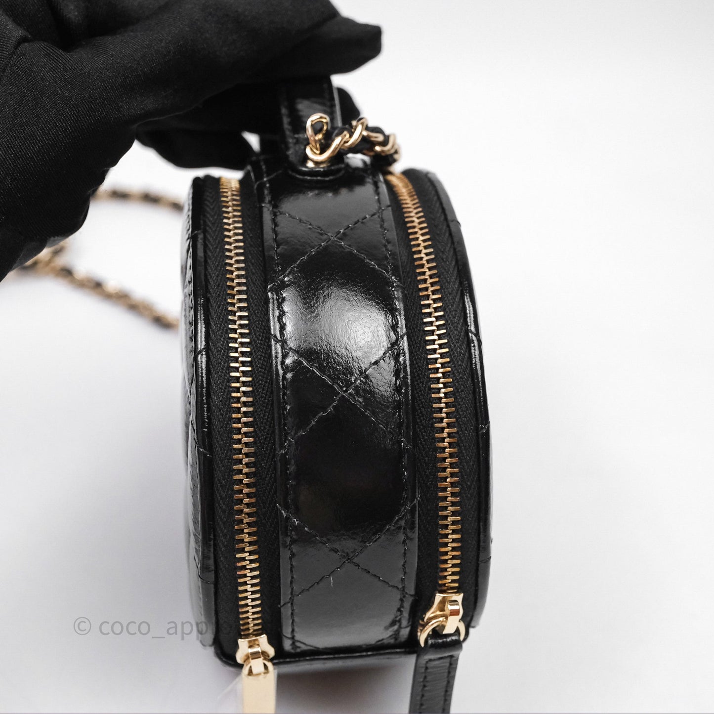 Chanel Mini Round Vanity Bag Handle With Care Black Glazed Lambskin Gold Hardware