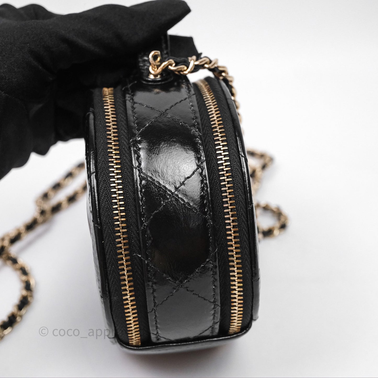 Chanel Mini Round Vanity Bag Handle With Care Black Glazed Lambskin Gold Hardware