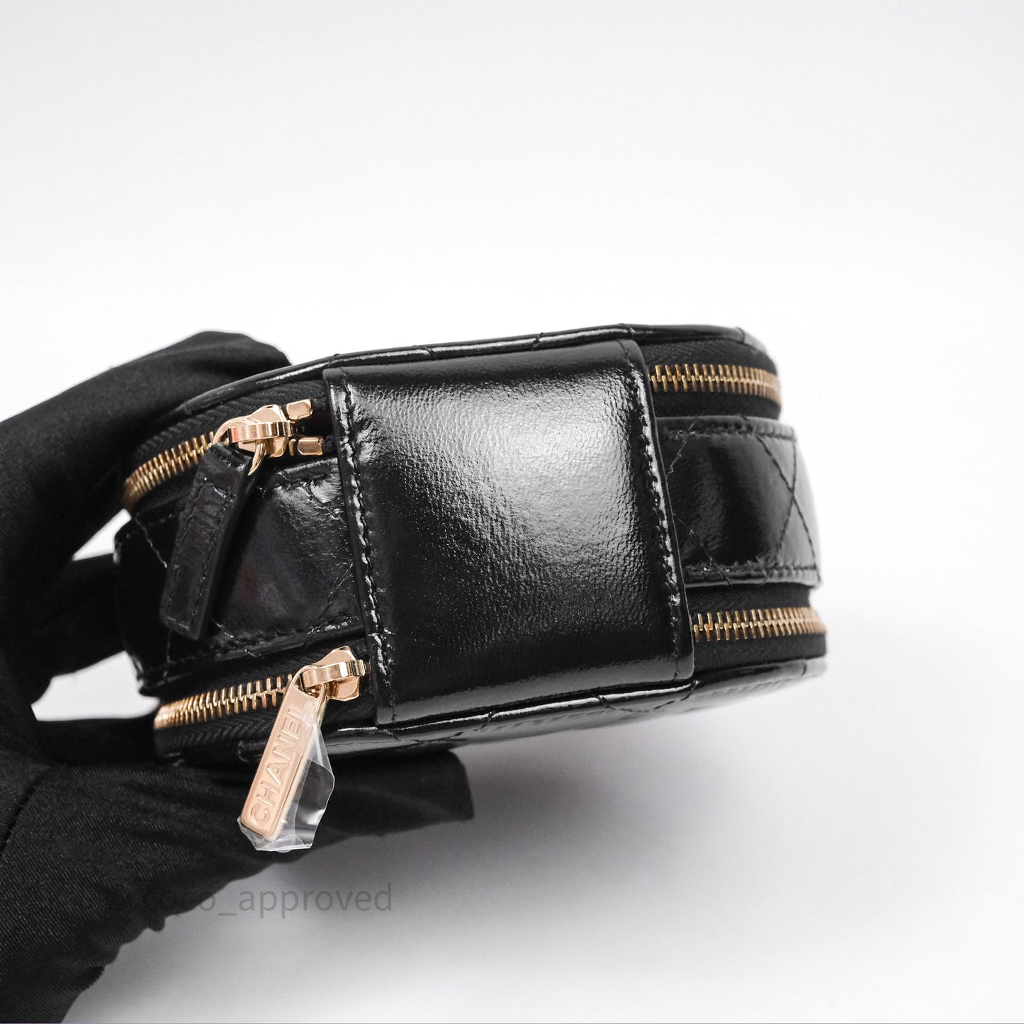 Chanel Mini Round Vanity Bag Handle With Care Black Glazed Lambskin Gold Hardware