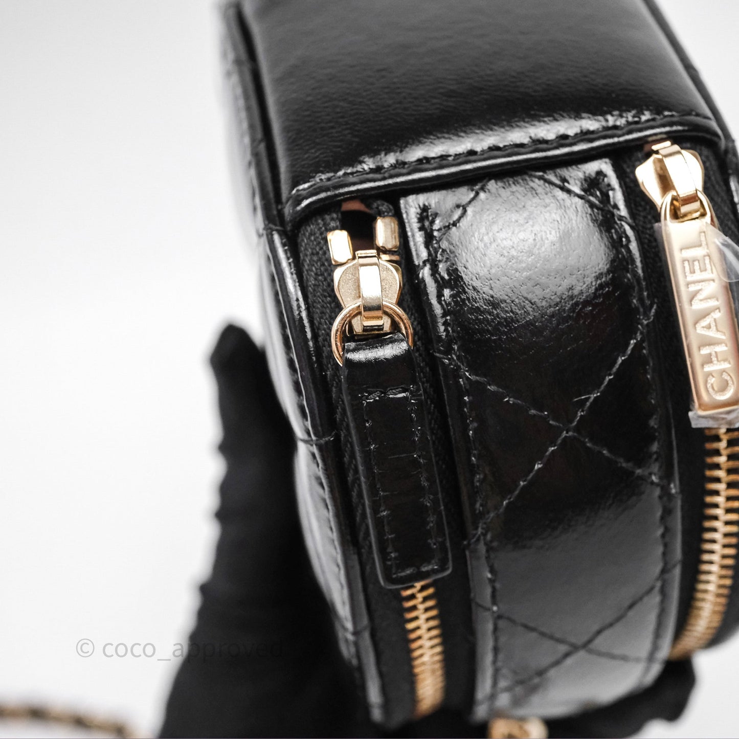 Chanel Mini Round Vanity Bag Handle With Care Black Glazed Lambskin Gold Hardware