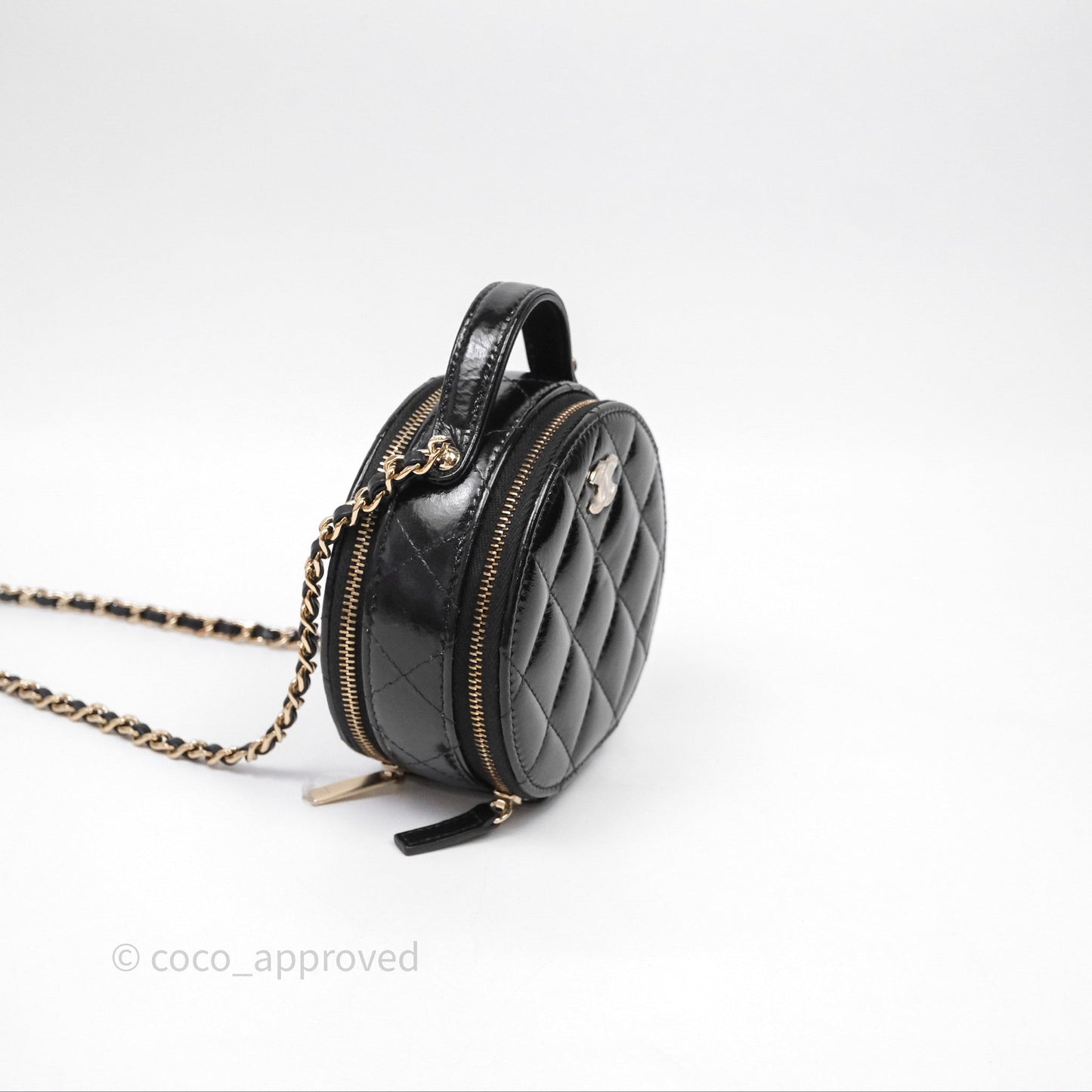 Chanel Mini Round Vanity Bag Handle With Care Black Glazed Lambskin Gold Hardware