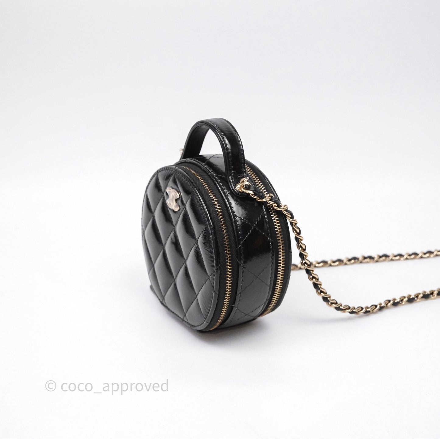 Chanel Mini Round Vanity Bag Handle With Care Black Glazed Lambskin Gold Hardware