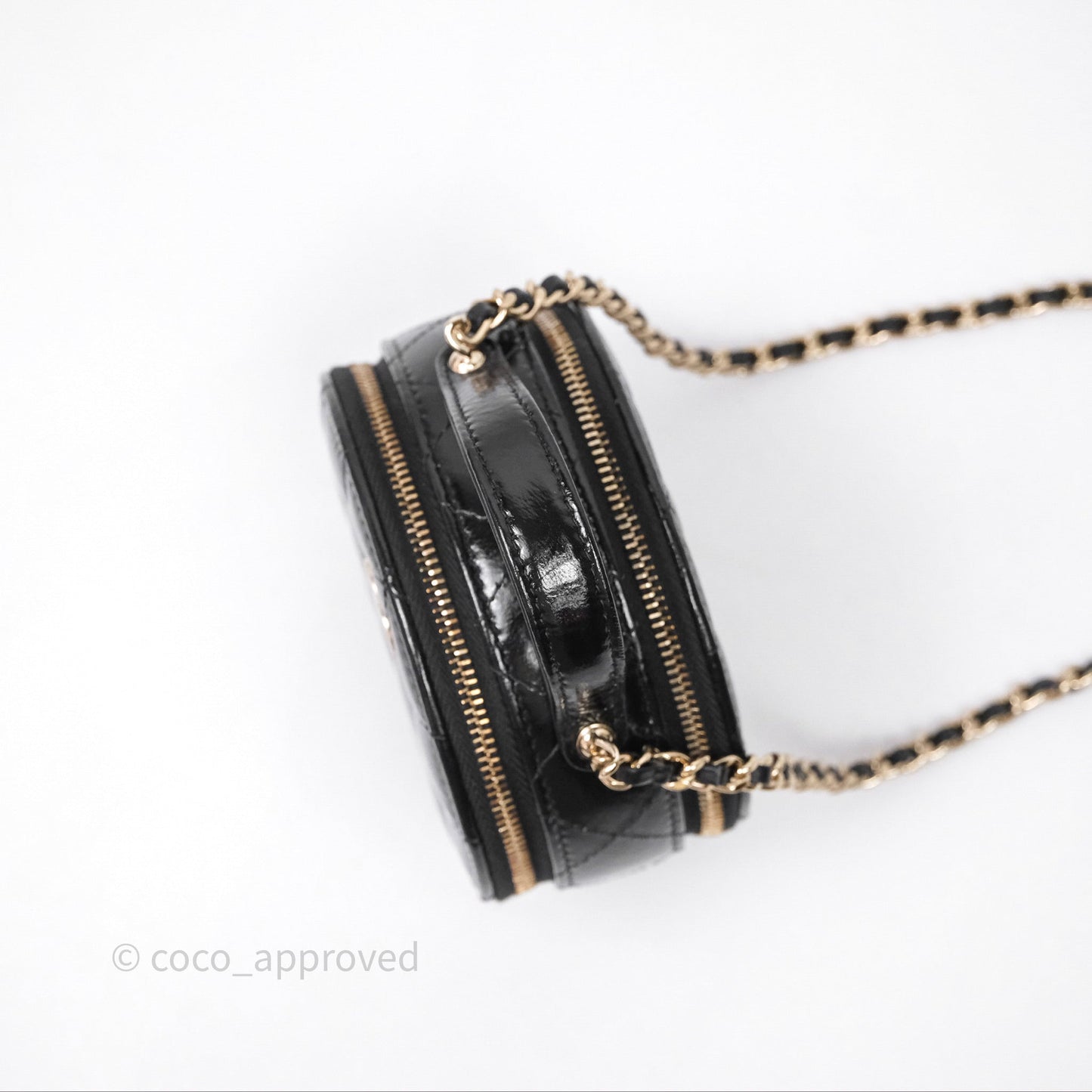Chanel Mini Round Vanity Bag Handle With Care Black Glazed Lambskin Gold Hardware