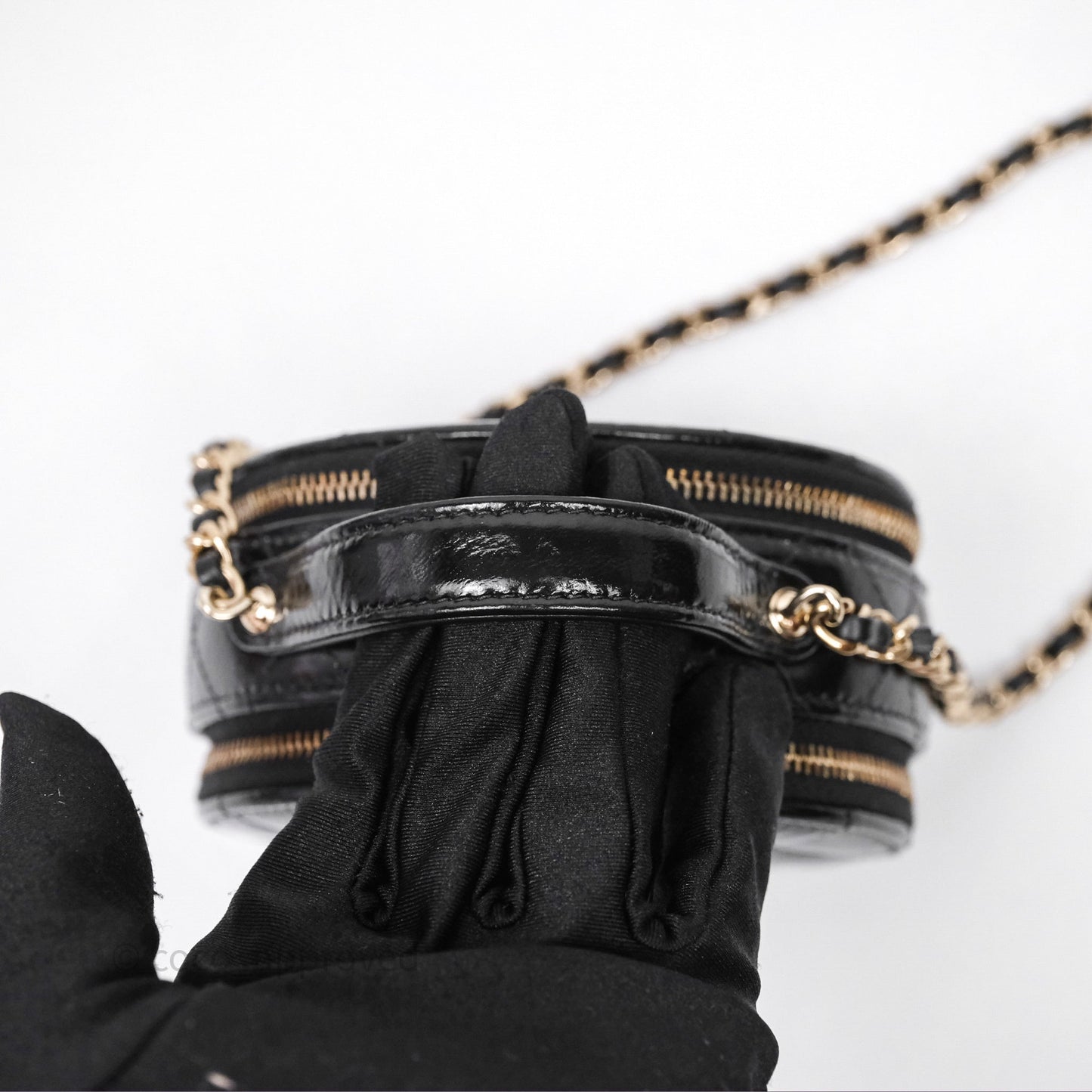 Chanel Mini Round Vanity Bag Handle With Care Black Glazed Lambskin Gold Hardware