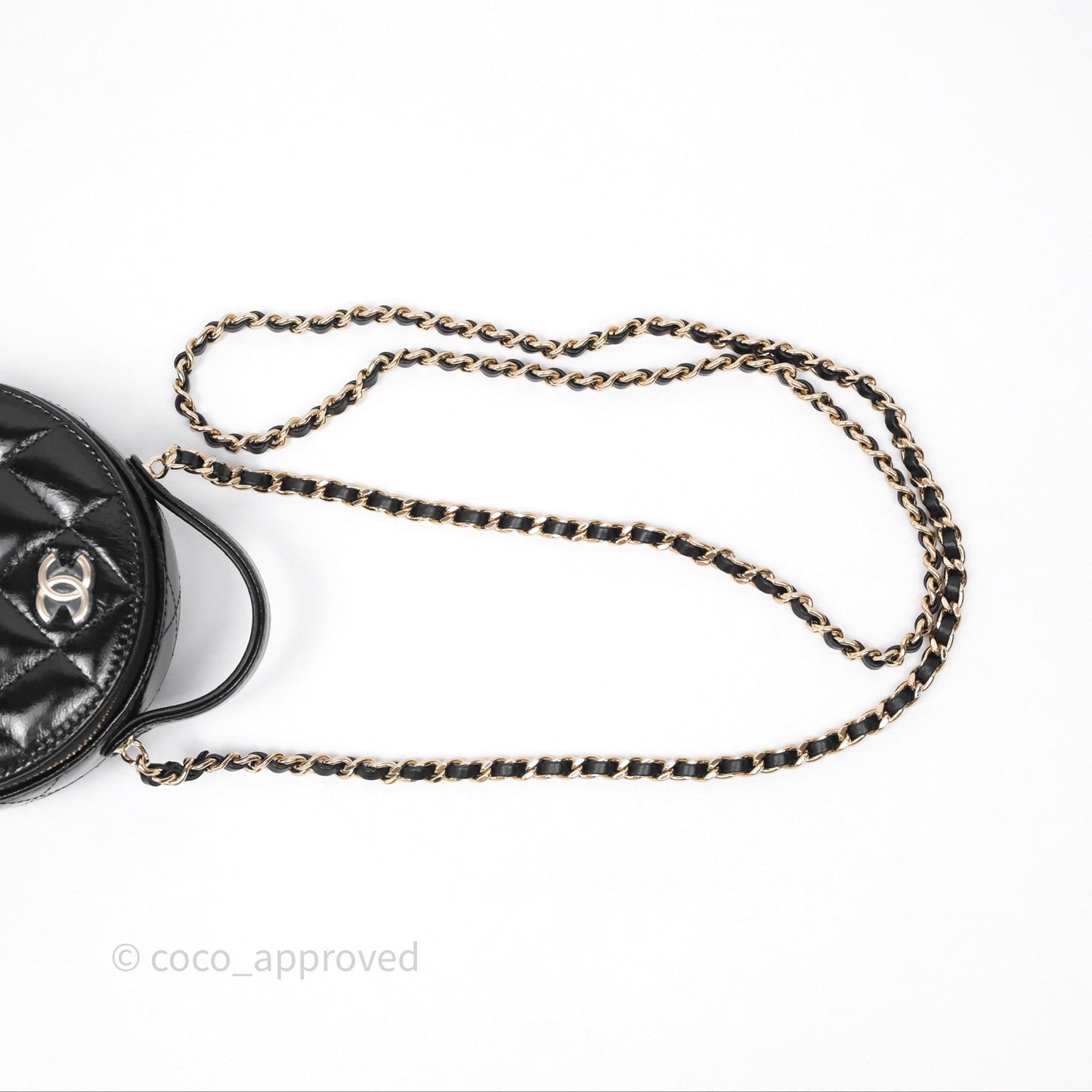 Chanel Mini Round Vanity Bag Handle With Care Black Glazed Lambskin Gold Hardware