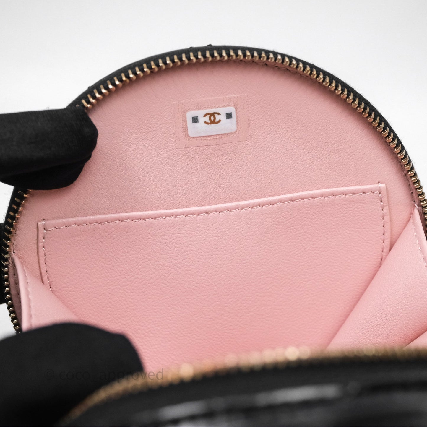 Chanel Mini Round Vanity Bag Handle With Care Black Glazed Lambskin Gold Hardware