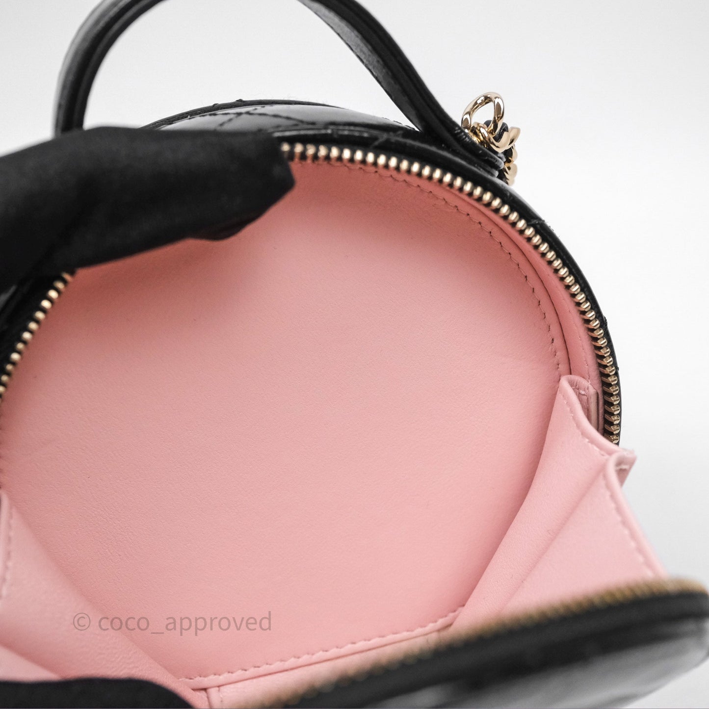 Chanel Mini Round Vanity Bag Handle With Care Black Glazed Lambskin Gold Hardware