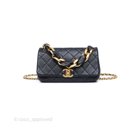 Chanel Quilted Entwined Chain Bag Navy Lambskin Aged Gold Hardware 21P