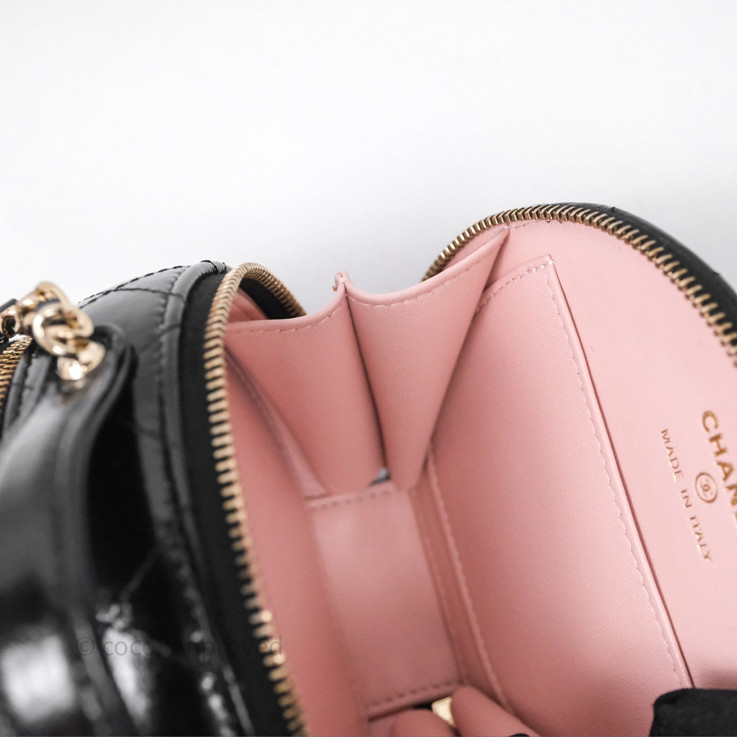 Chanel Mini Round Vanity Bag Handle With Care Black Glazed Lambskin Gold Hardware