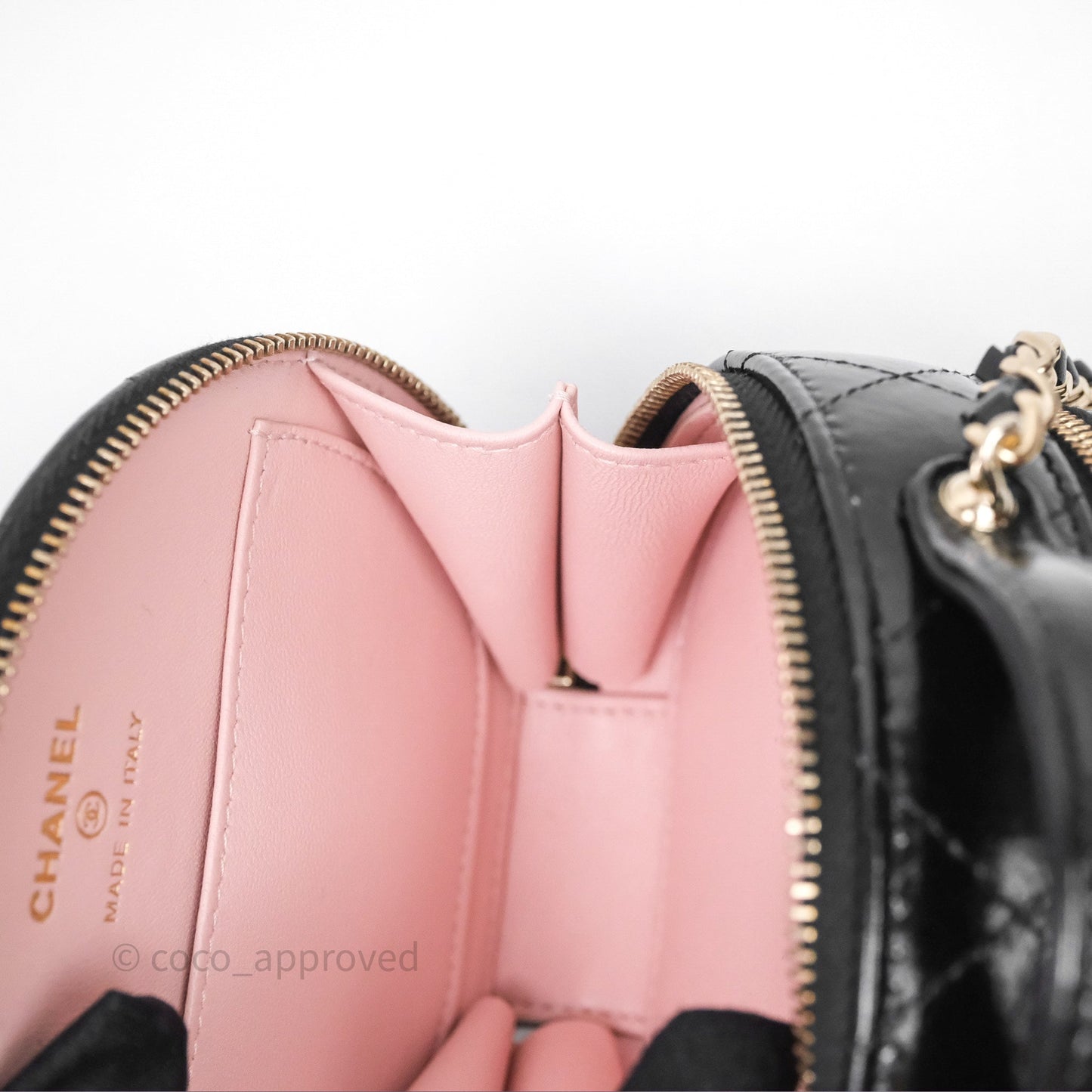 Chanel Mini Round Vanity Bag Handle With Care Black Glazed Lambskin Gold Hardware