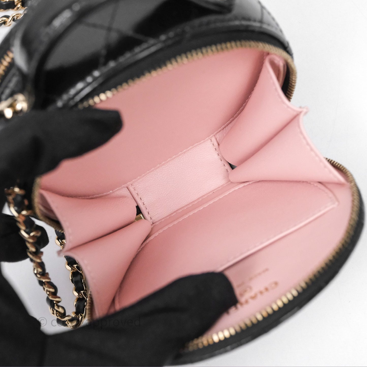 Chanel Mini Round Vanity Bag Handle With Care Black Glazed Lambskin Gold Hardware