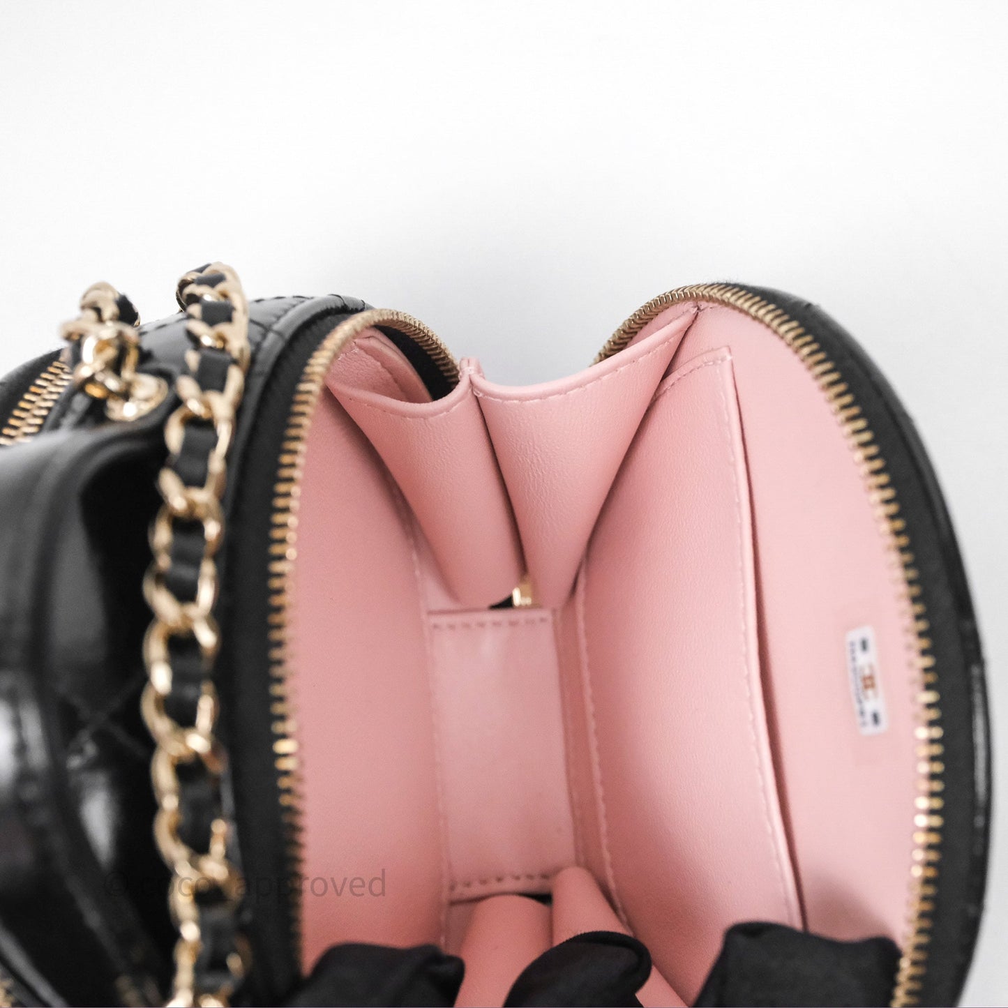 Chanel Mini Round Vanity Bag Handle With Care Black Glazed Lambskin Gold Hardware
