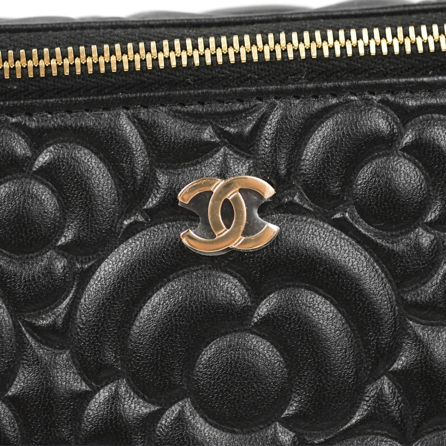 Chanel Vanity Rectangular Camellia Embossed Black Calfskin Gold Hardware