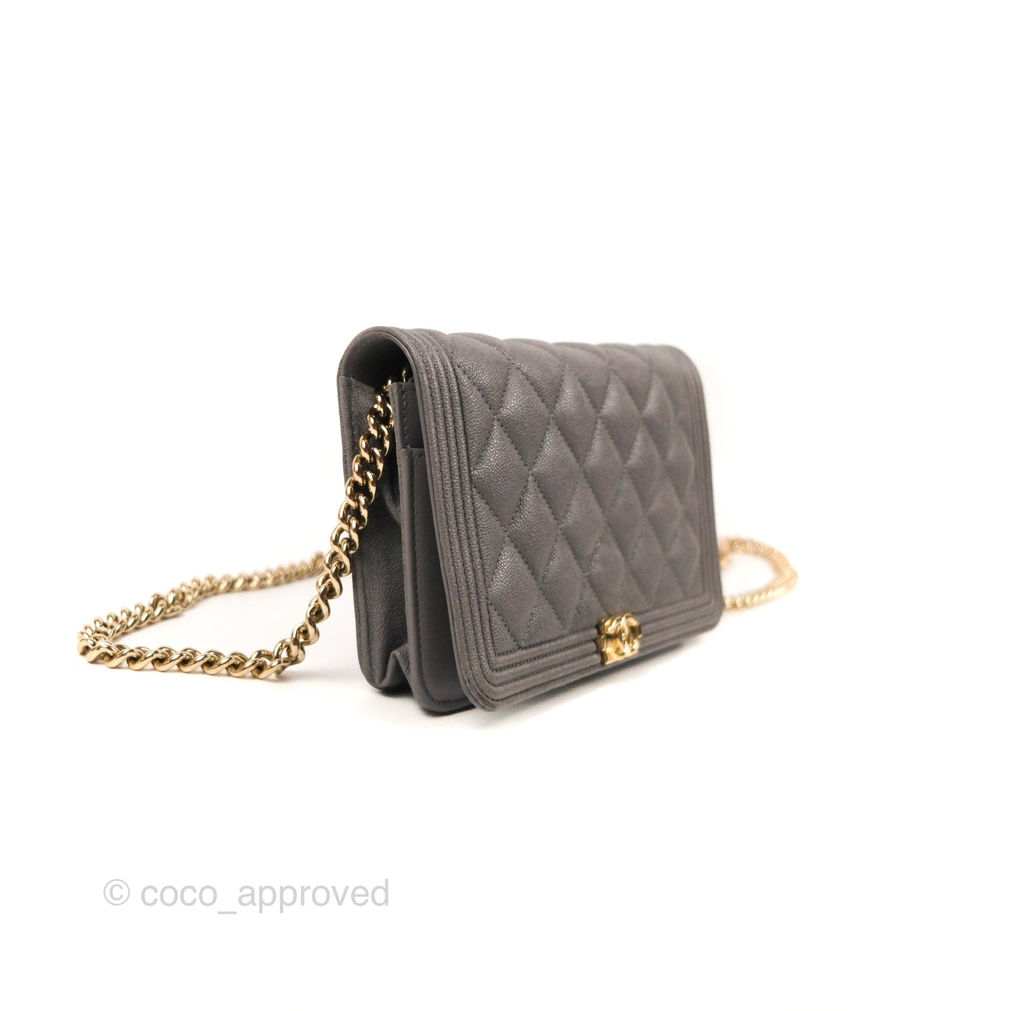 Chanel Quilted Boy Wallet on Chain WOC Grey Caviar Gold Hardware
