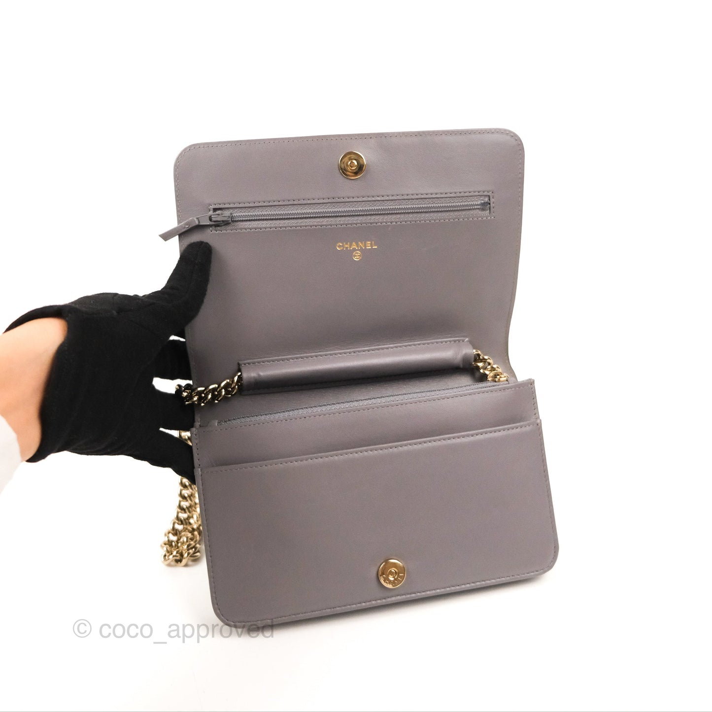 Chanel Quilted Boy Wallet on Chain WOC Grey Caviar Gold Hardware